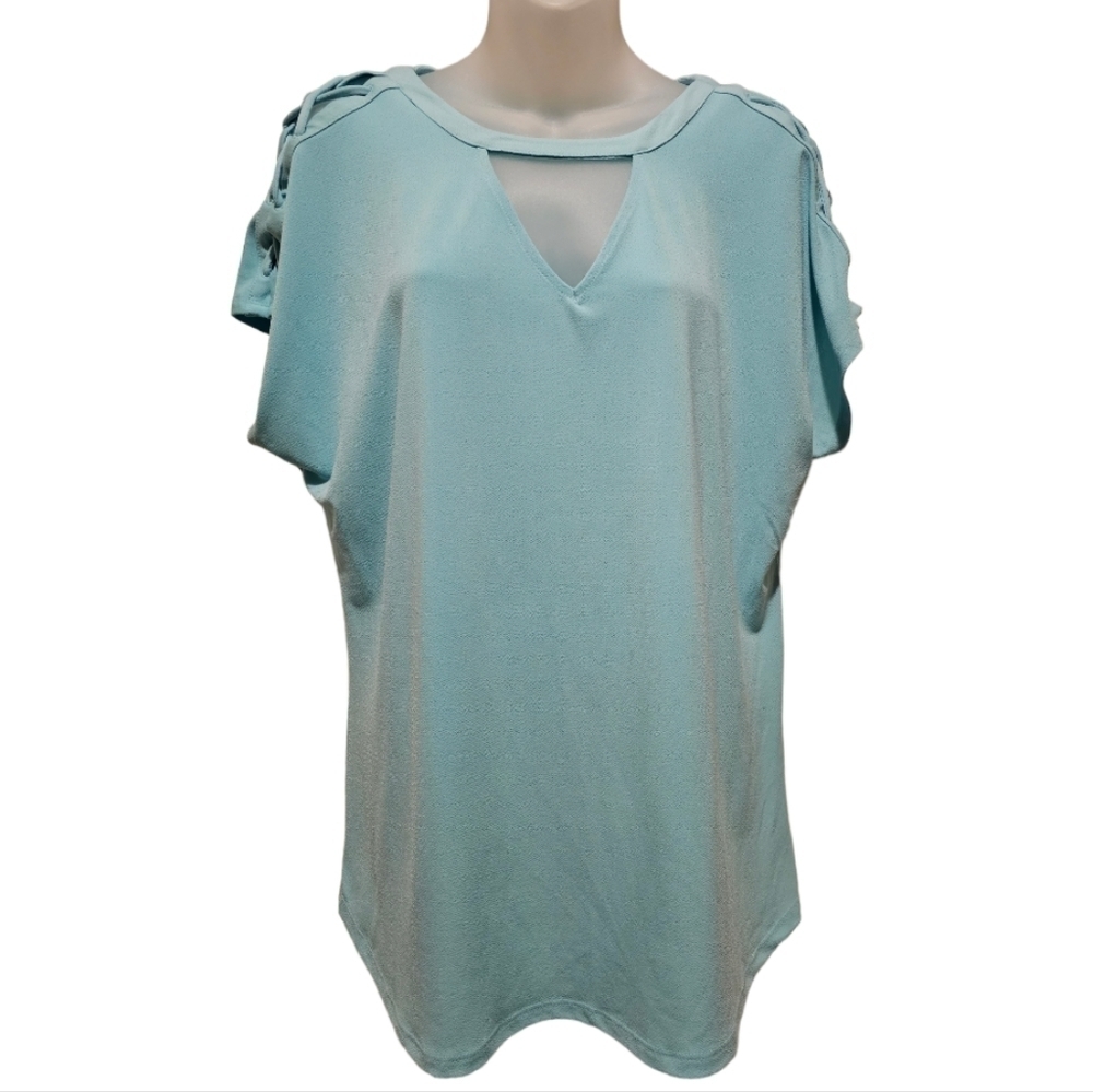 NY&CO; Women's Blue Cutout Neck Design Short Sleeve W/Lace Up Accent Top, Sz L